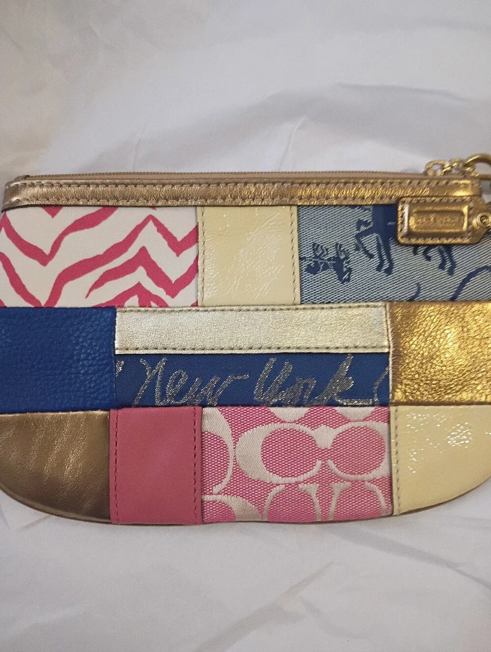 Coach Patchwork Wristlet in Pink, Blue, Gold, Cream